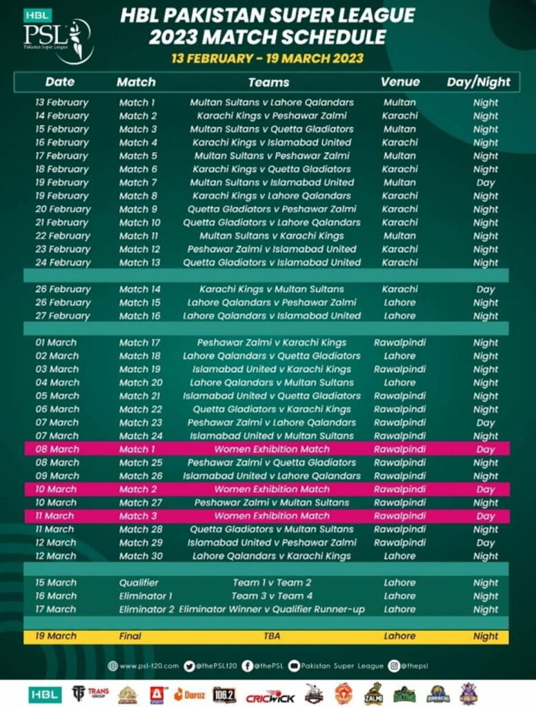 PSL 8 Schedule, PSL 2023 Schedule, Pakistan Super League, HBL PSL 8