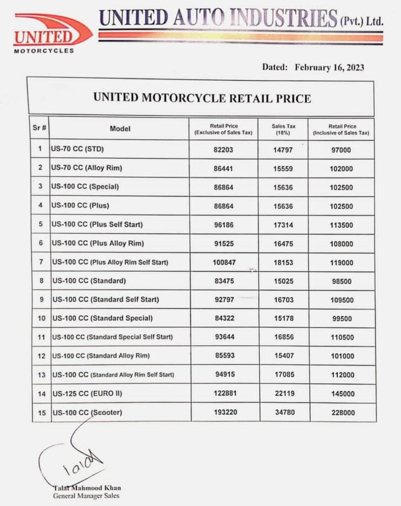 United Motorcycle Prices, United Motorcycle Prices in Pakistan, United Bike Prices