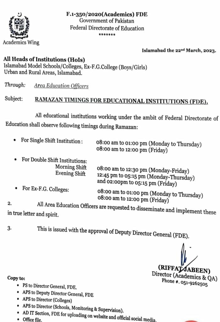 Islamabad School Timings, Islamabad School Timings in Ramadan, Ramadan 2023
