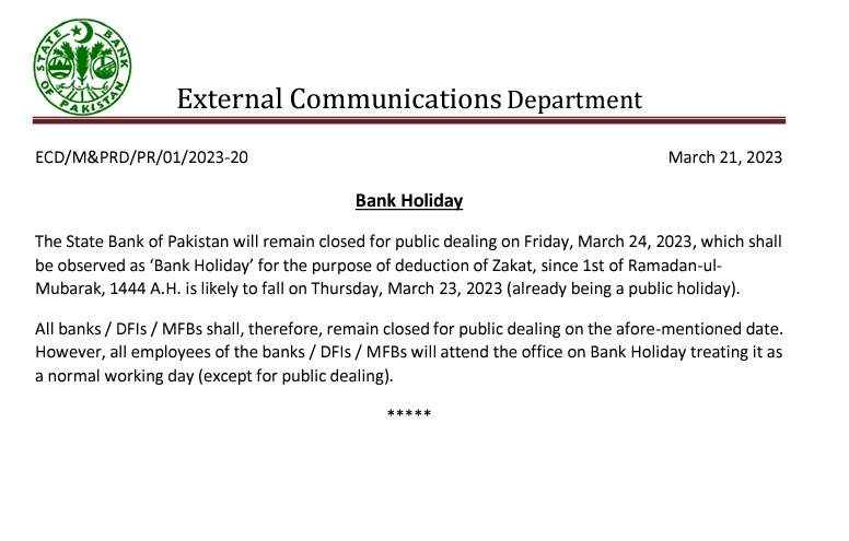 Bank Holiday, Zakat, 24 March 2023, Bank Holiday For Zakat Deduction