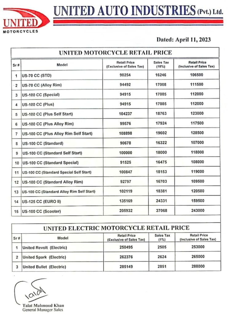 United Motorcycle Prices, United Motorcycle Prices in Pakistan, United Bike Prices