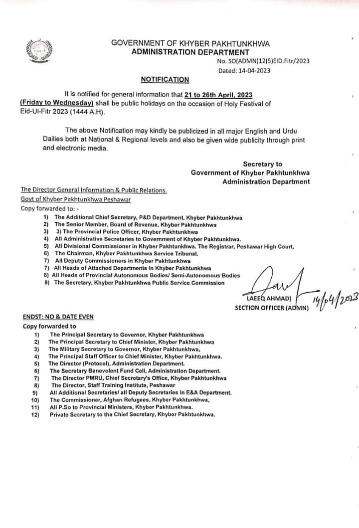 KP Announces Six Public Holidays For EidulFitr 2023 INCPak