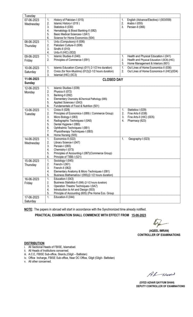 Intermediate Date Sheet, Intermediate Exams Date Sheet, HSSC Date Sheet, HSSC Exams Date Sheet