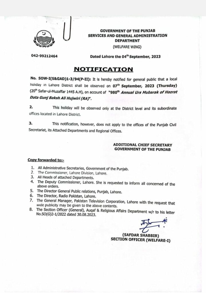 Lahore Holiday, Lahore Public Holiday