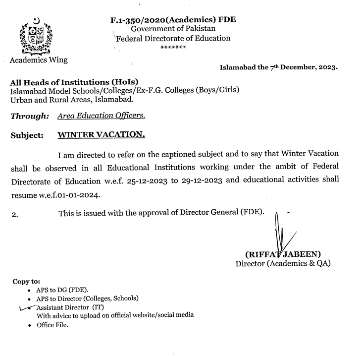 Islamabad Winter Vacations, Islamabad Winter Vacations 2023, Islamabad Schools Winter Vacations, Winter Vacations Notification