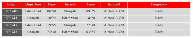 Fly Jinnah International Flights Schedule