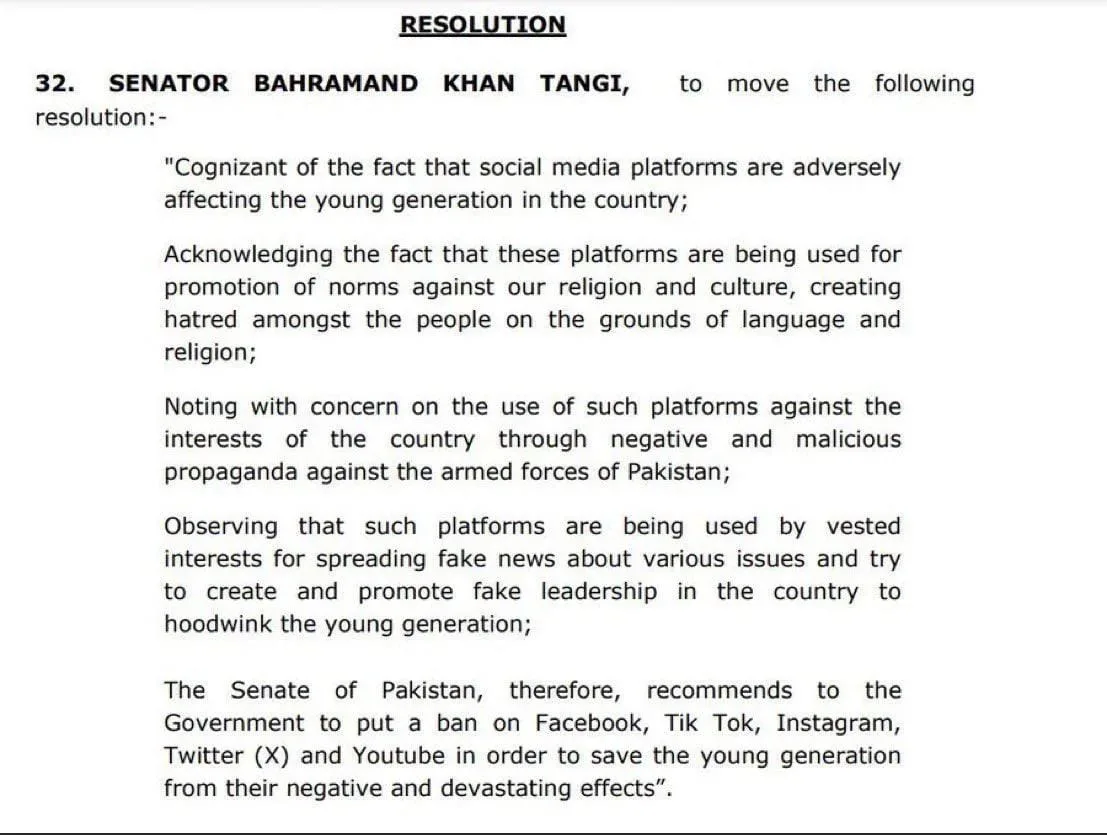 Resolution to Ban Entire Social Media