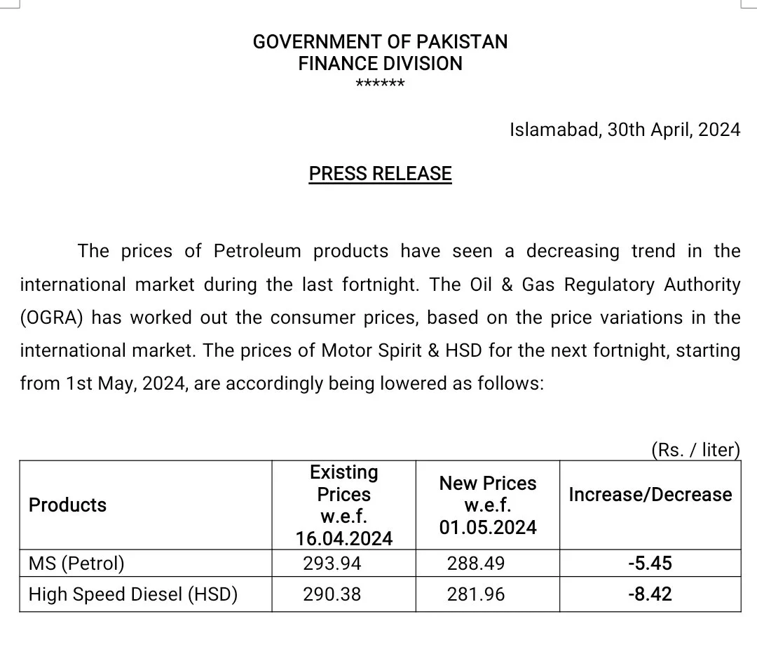 Petrol Price Notification for May 1, 2024.