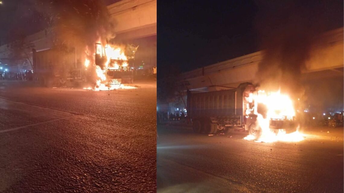 Dumper Hits Biker, Mob Torches truck at Nagan Chowrangi