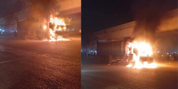 Dumper Hits Biker, Mob Torches truck at Nagan Chowrangi