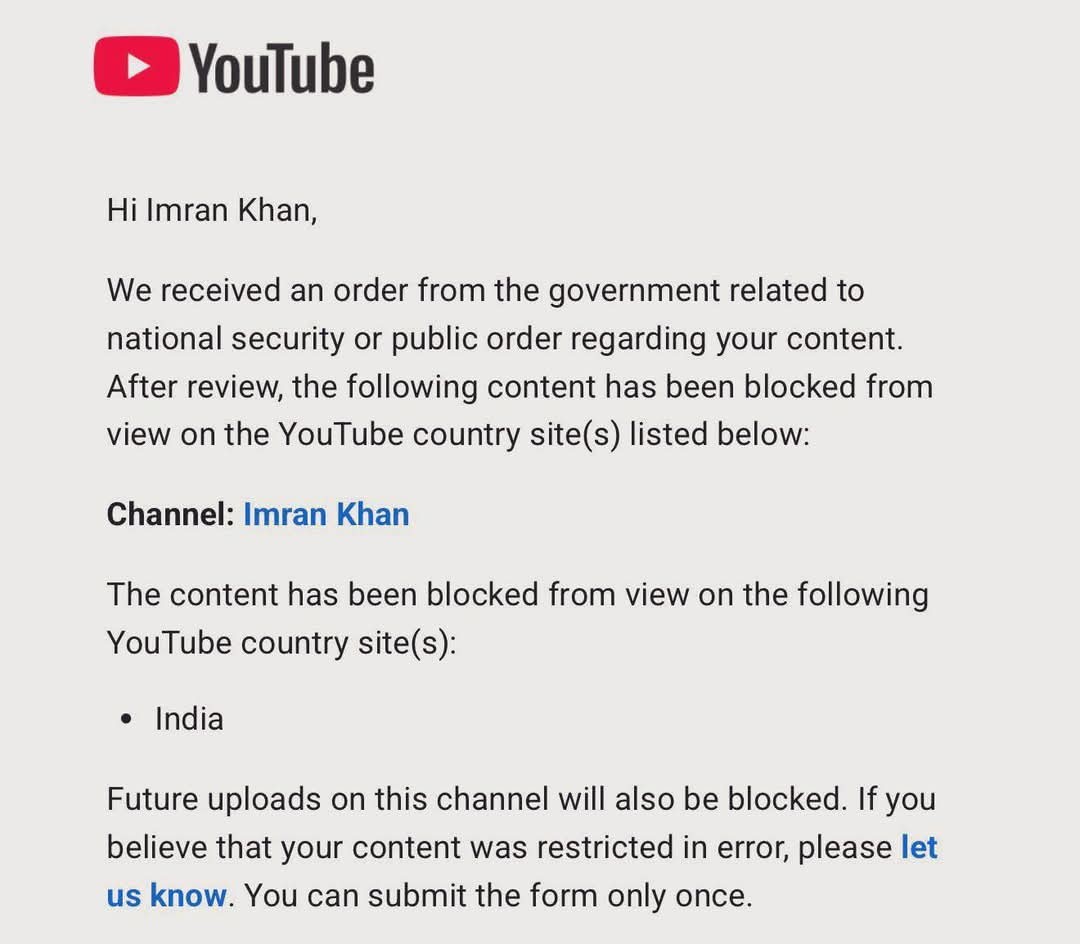 Indian Govt Blocks PTI Founder Imran Khan Youtube Channel In India