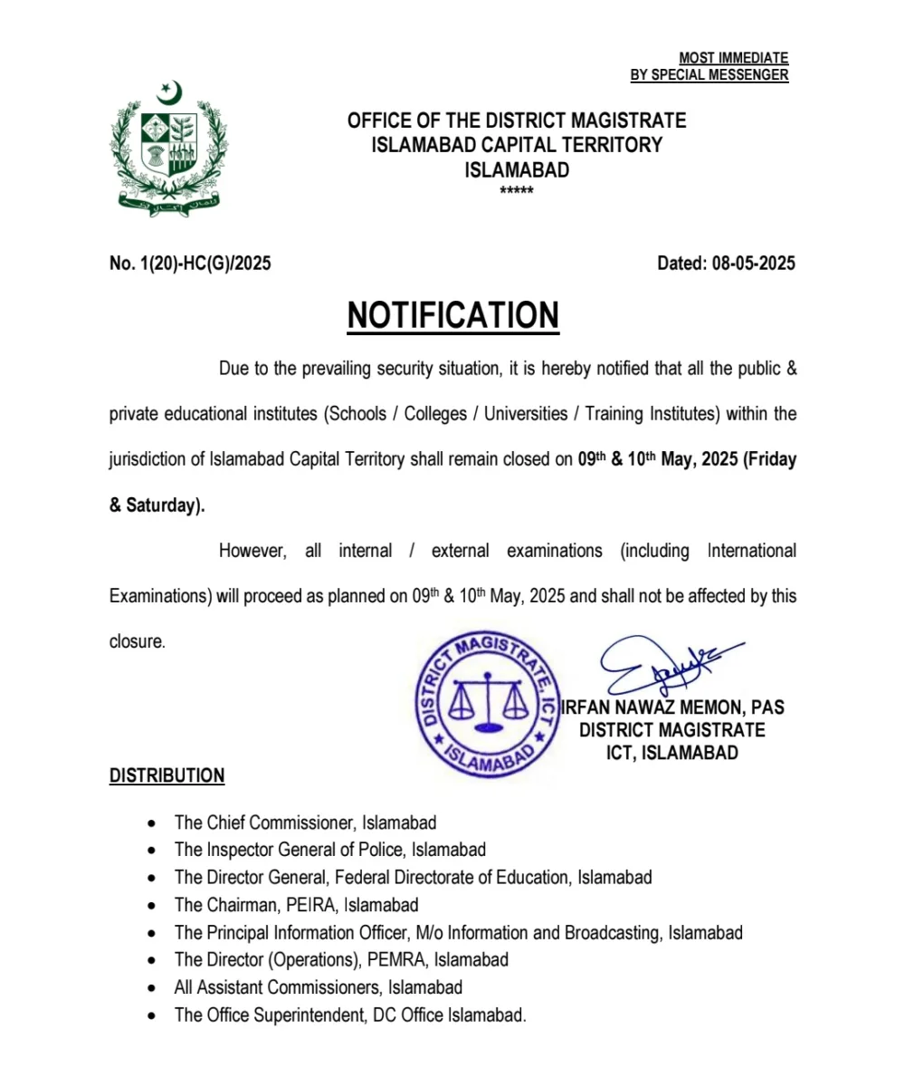 Islamabad Schools Closed on 9th & 10th May