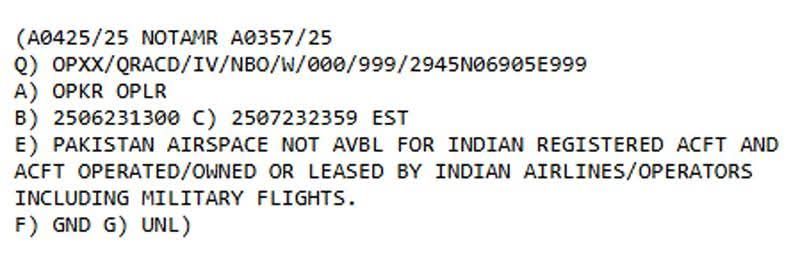 Pakistan Extends Airspace Ban on India Until July 23